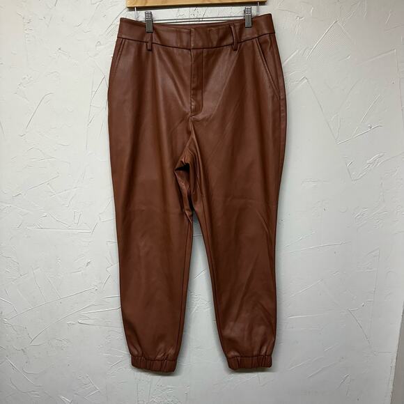 Bar III Camel Brown Colored Faux Leather Jogger Pants Size 12 Preppy Neutral - Picture 2 of 9